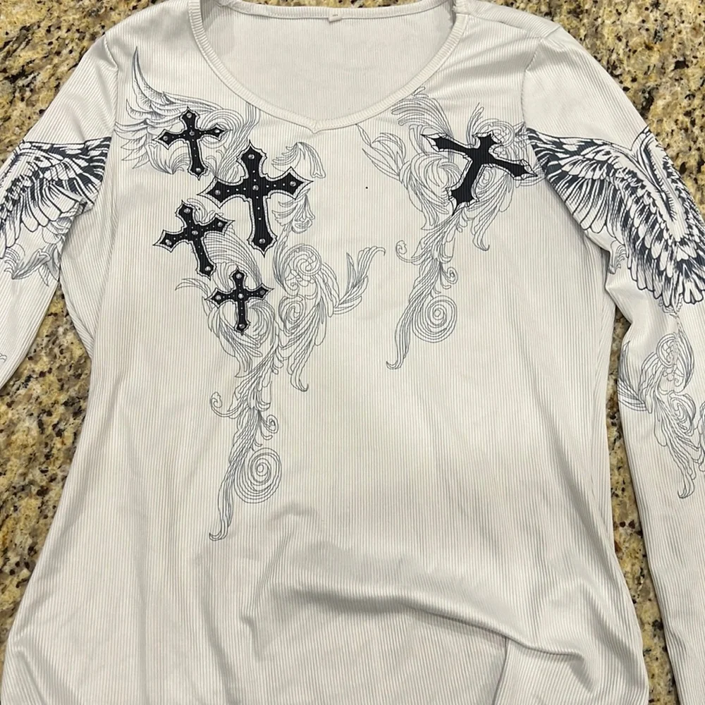 Amazon | Tops | White Cross Detailed Y2k Long Sleeve Shirt | Poshmark